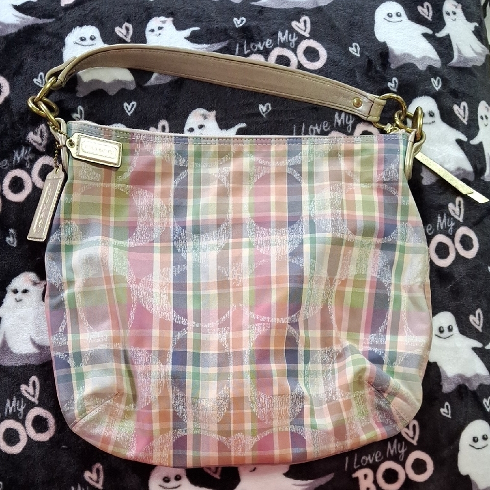 Coach Multicolor Plaid Shoulder Bag with Gold Buckles - Picture 2 of 8